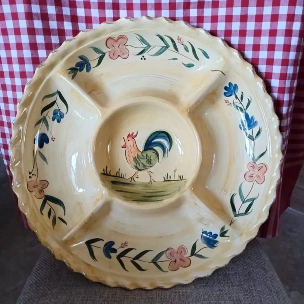 Rooster by Home Chip and Dip Platter Ceramic Relish Tray Hand Painted 16 1/2